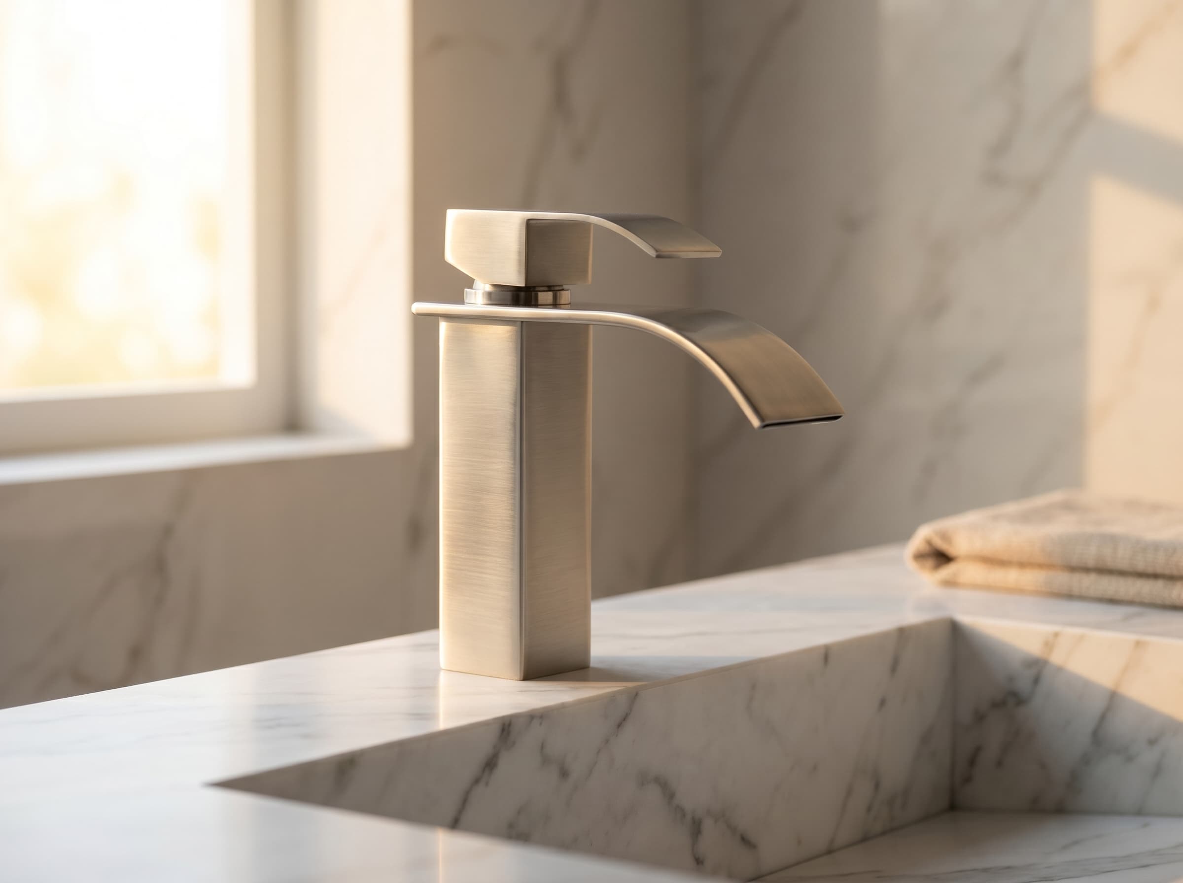 Brushed nickel waterfall basin faucet on a marble vanity