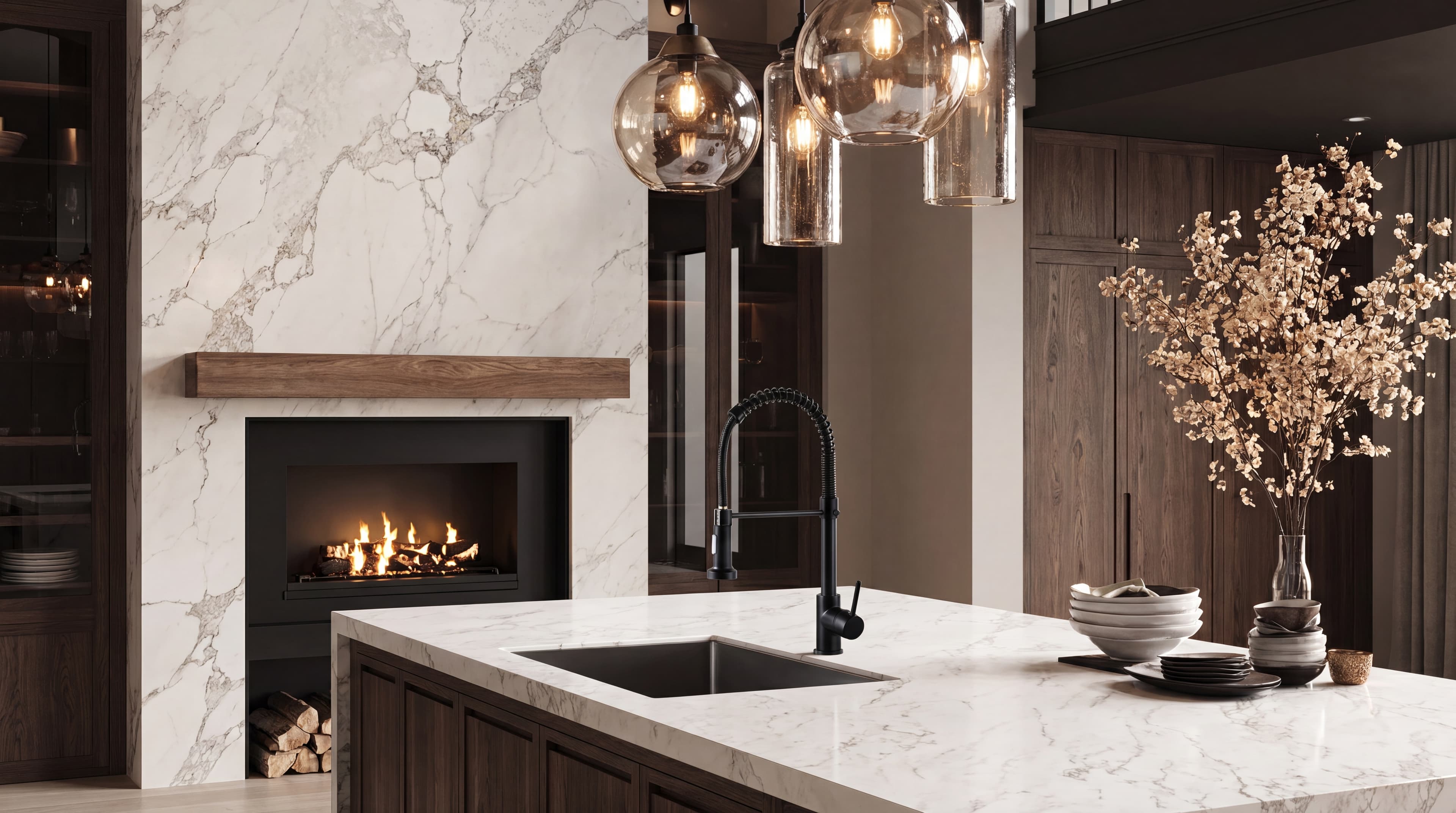 Matte black kitchen faucet on a white marble island