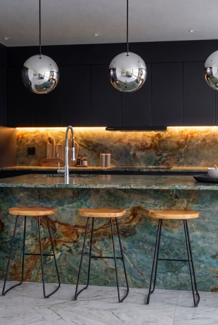 Brushed nickel kitchen faucet on a green marble island