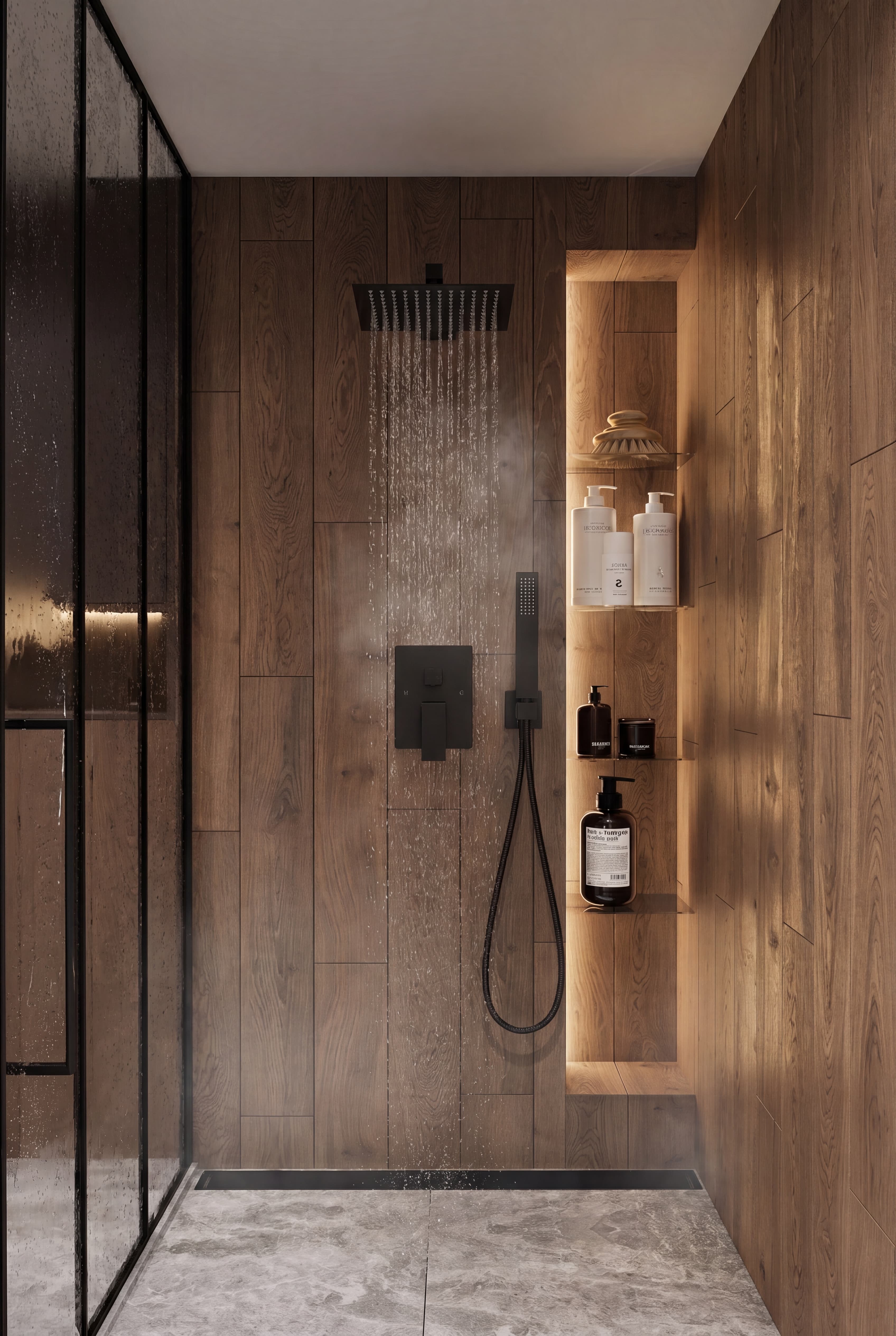 Matte black rainfall shower against warm timber
