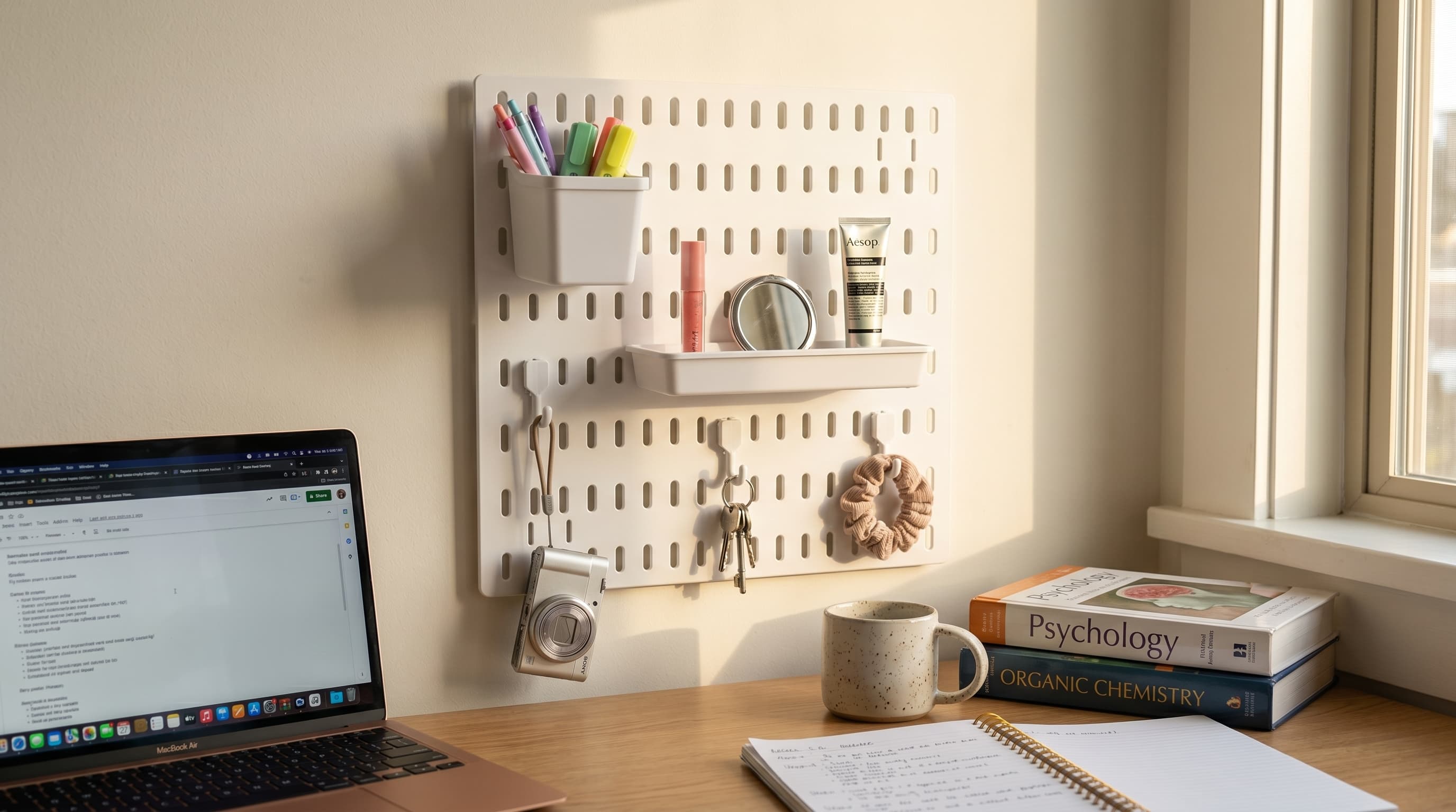 White modular pegboard with a shelf, pen holder, and hooks above a desk